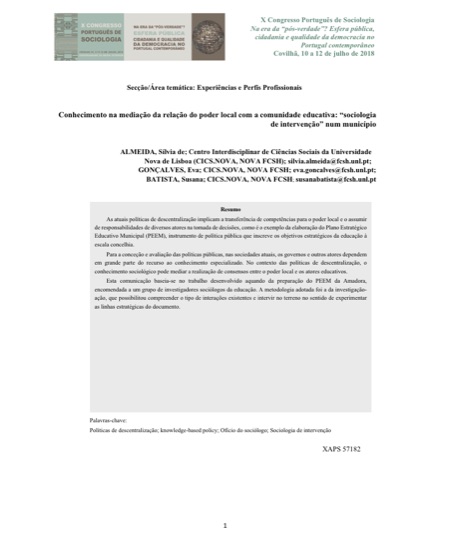 Conhecimento na mediação da relação do poder local com a comunidade educativa: “sociologia de intervenção” num município